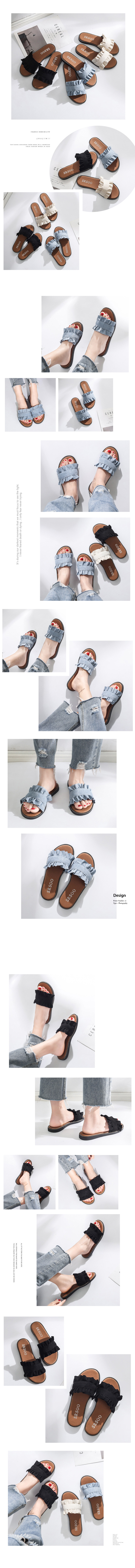 拖鞋-氣質荷葉邊寬帶平底涼鞋